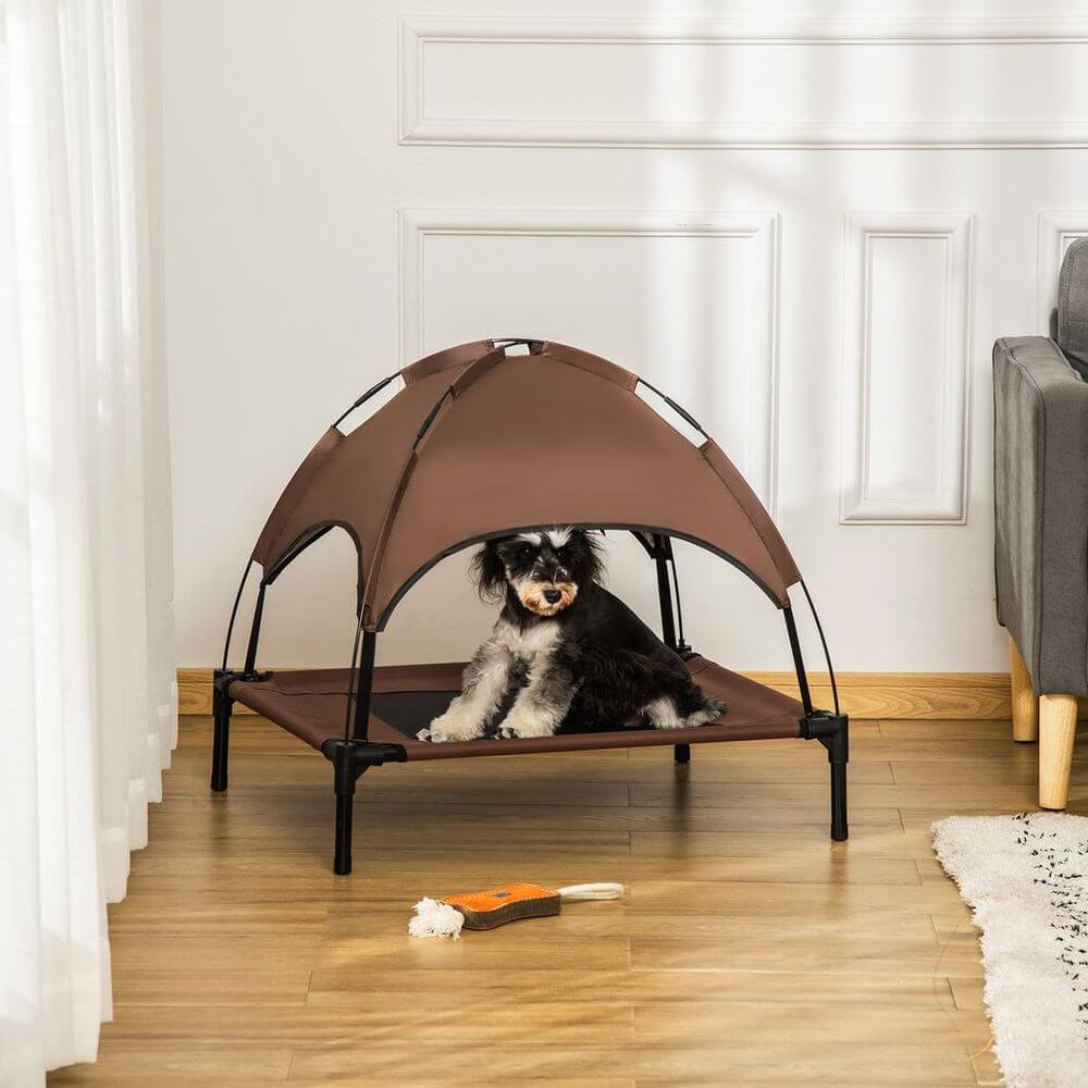 PawHut 76cm Elevated Dog Bed Cooling Raised Pet Cot UV Protection Canopy Coffee Senior Living Aids